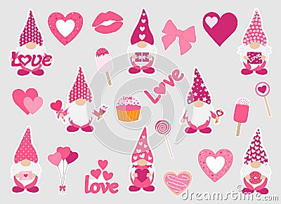 Valentine`s day Gnomes stickers printable Vector Illustration